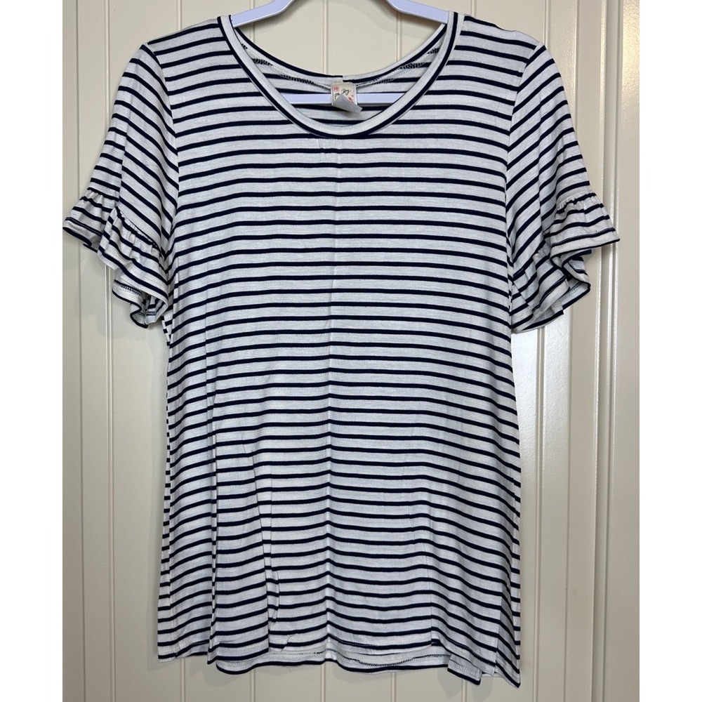 7th Ray Womens striped ruffle short sleeve knit rayon shirt sz S Made in USA